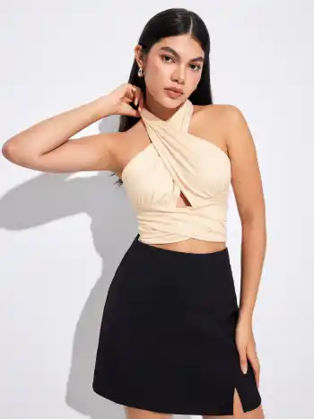  Solids Crossover Crop Halter Tank Top