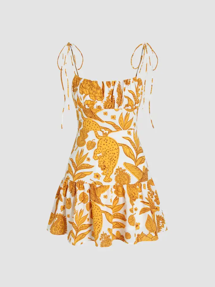 Tropical Knotted Ruffle Mini Dress For Vacation Tropical Knotted Ruffle Mini Dress For Vacation