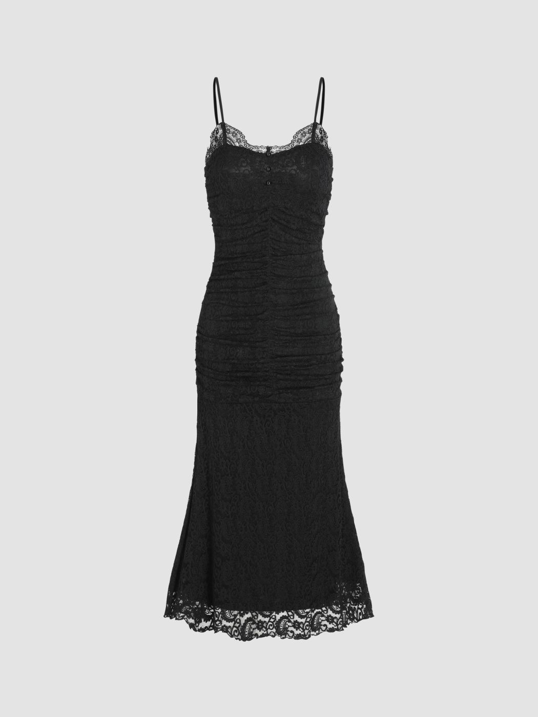 Lace Hem Ruched Mermaid Midi Dress