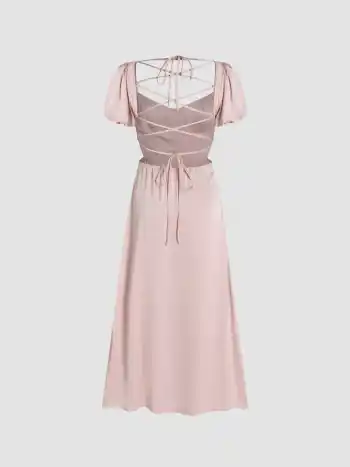 Vestido Midi de Seda con Nudo y Mangas de Bomba y Corte