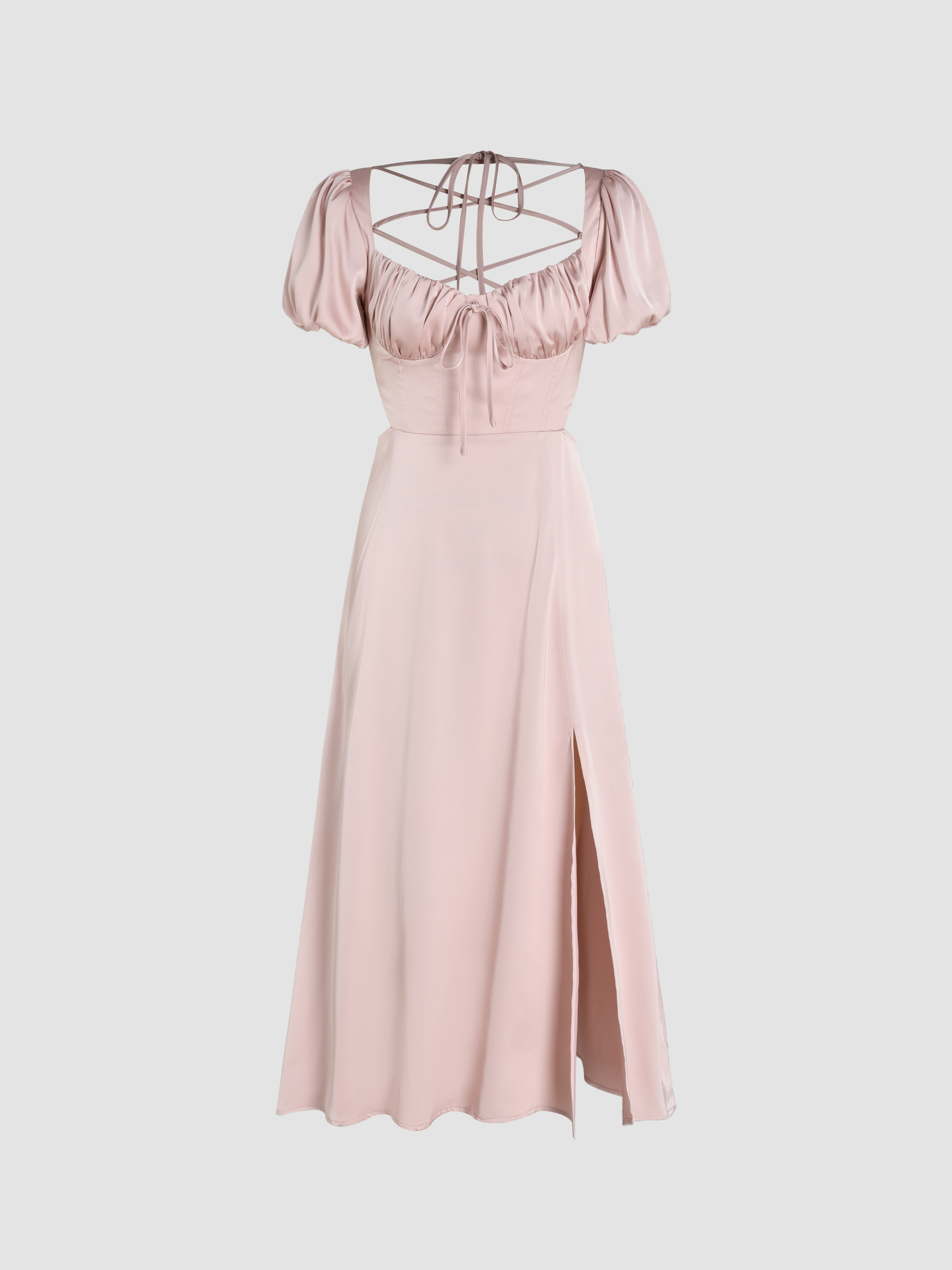 Western Outfits Homecoming Dress Hoco Dresses Satin Satin Knotted Puff Sleeve Split Midi Dress For Daily Casual Date