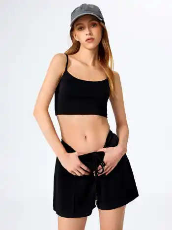 U-neckline Crop Cami Top & Drawstring Wide Leg Shorts Set