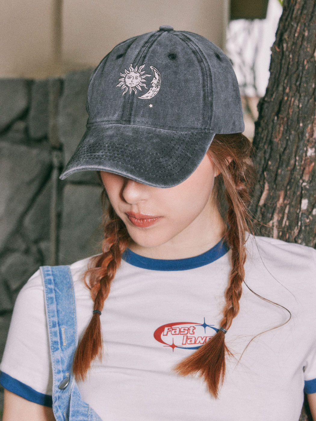 Denim-Baseballmütze mit Sonne- und Mondmuster