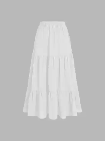 Solid Elastic Waist Ruffle Hem Tiered Maxi Skirt