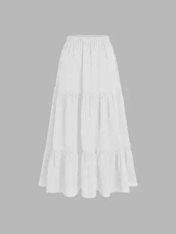 Solid Elastic Waist Ruffle Hem Tiered Maxi Skirt