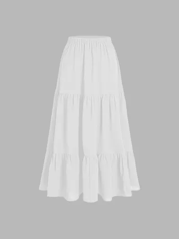 Solid Elastic Waist Ruffle Hem Tiered Maxi Skirt