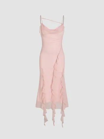 Mesh Ruffle Hem Ruched Midi Dress