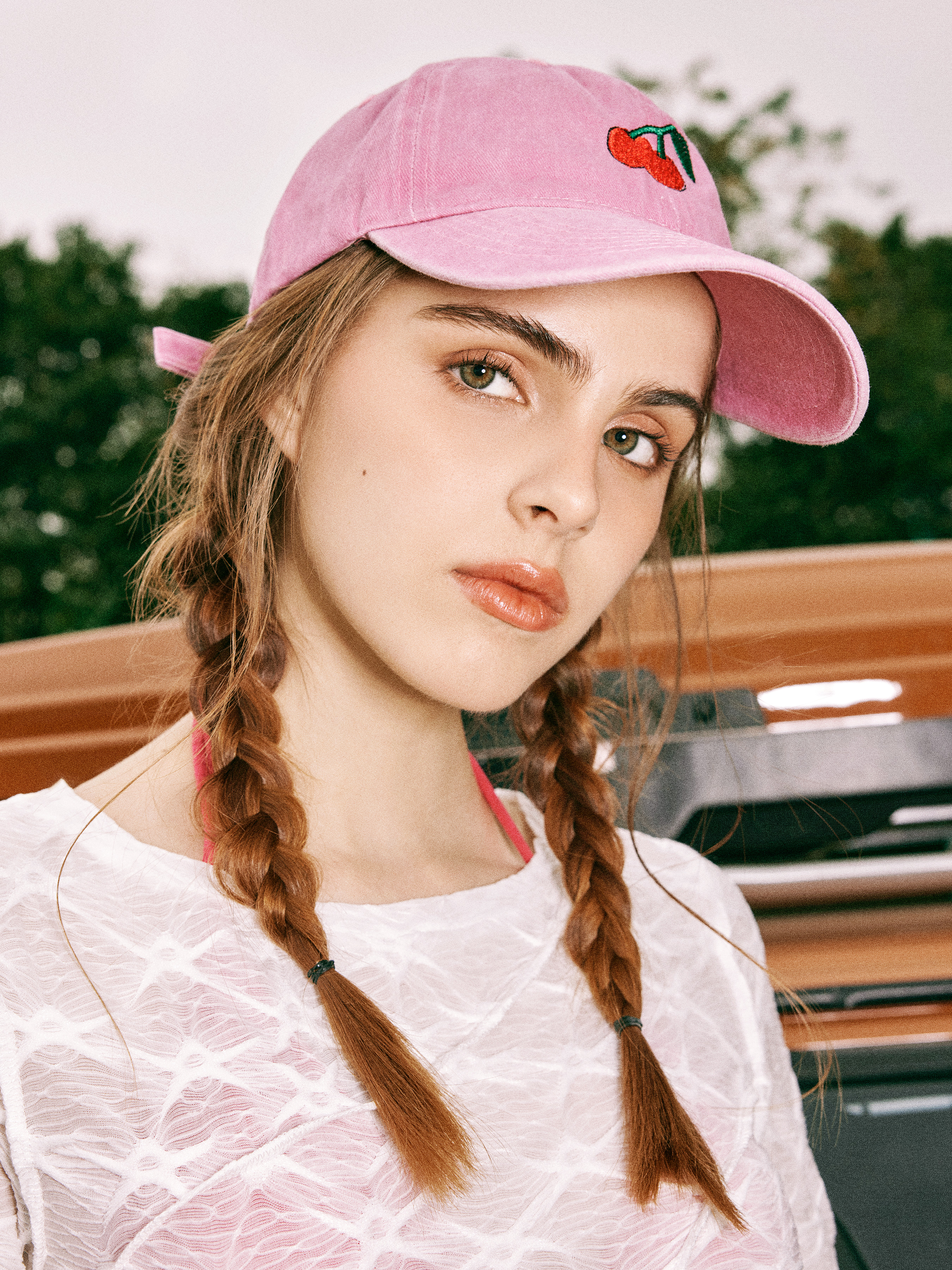 Cute fashion  Cherry Print Denim Baseball Cap - Red/Blue Dark Blue Cherry Motif Denim Cap Hat | Oliver Bonas main image 2