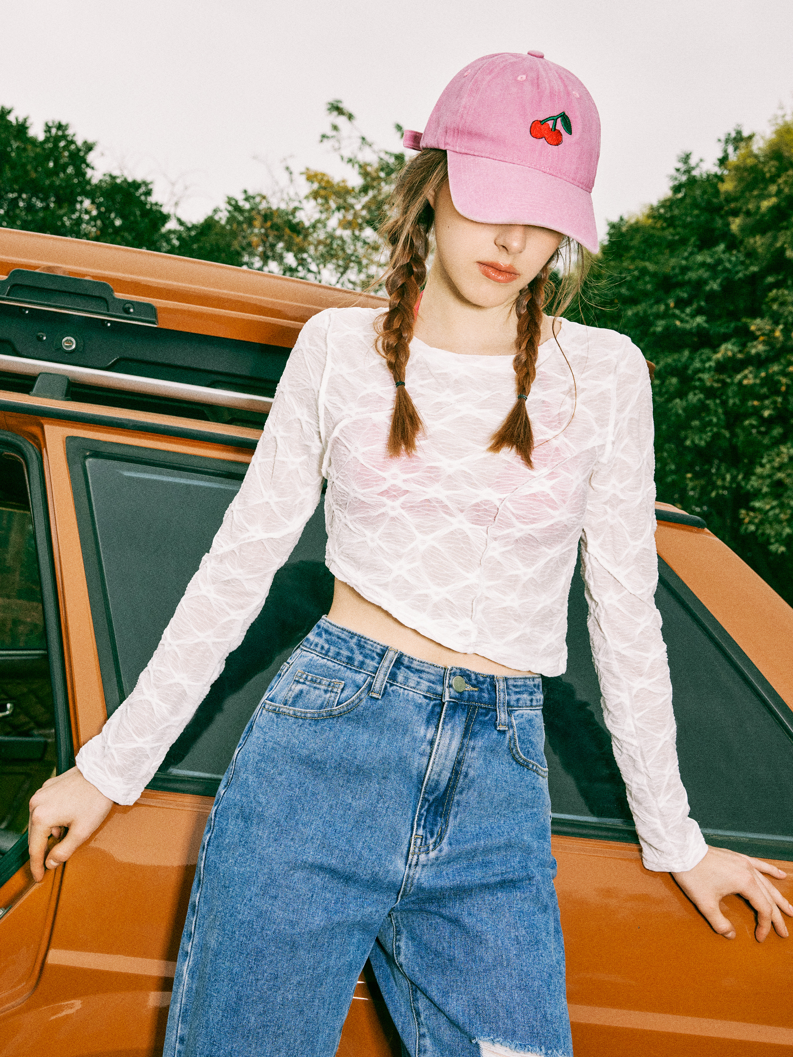 Designer-Style Kids Cherry Print Denim Cap - Blue & Red Red White & Blueberries Charlie Kirk Printed Vintage Washed  main image 3
