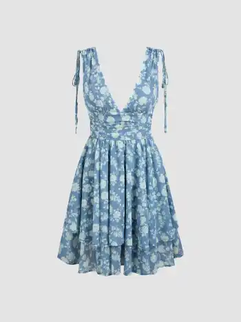 Robe mini à col en V à volants et motif floral