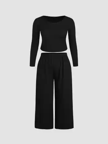 Pocket Knitted Crop Top & Wide Leg Trousers Set Curve & Plus
