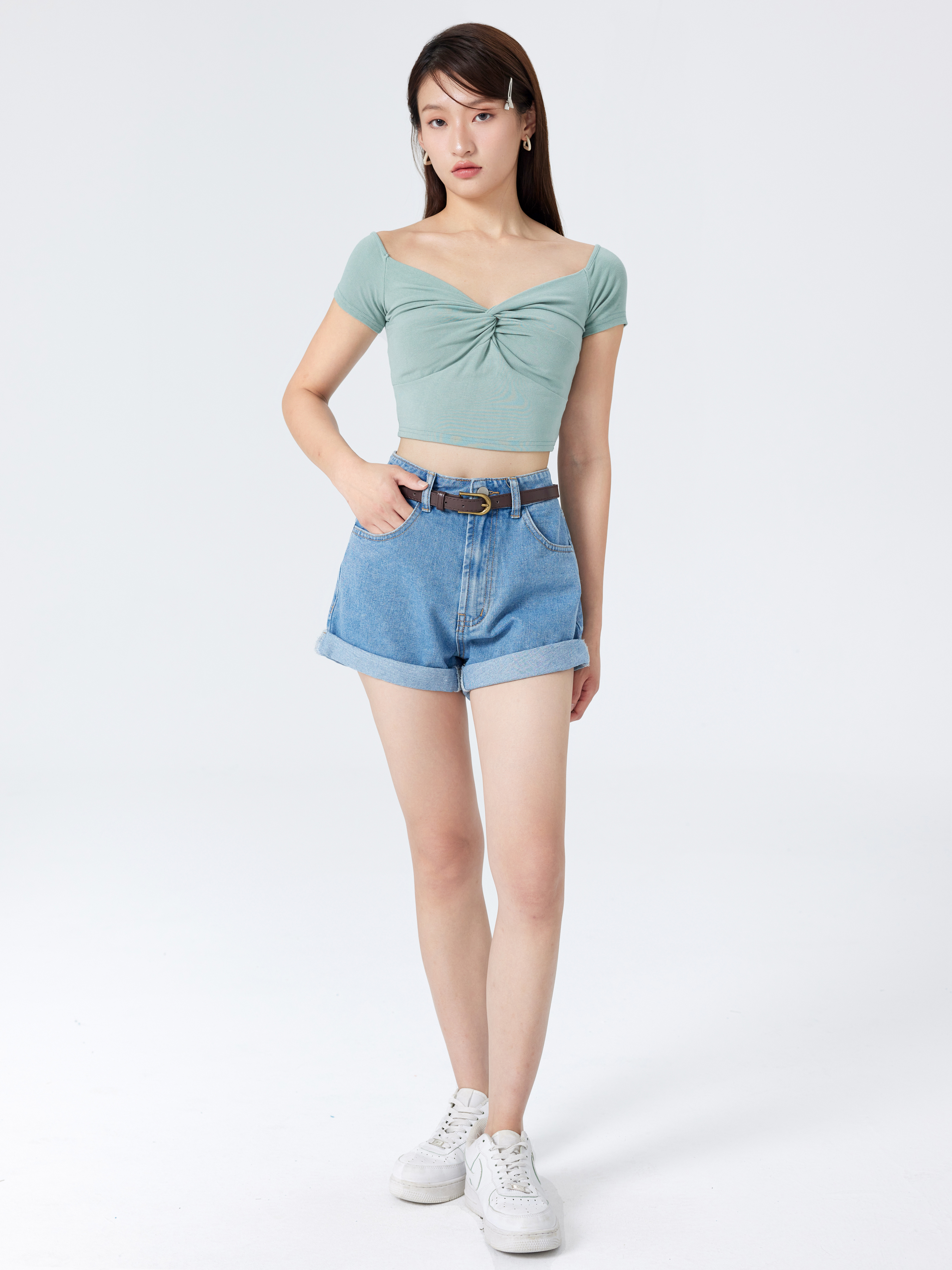 Knit Fabric Solid Twist Front Crop Top For Daily Casual Date