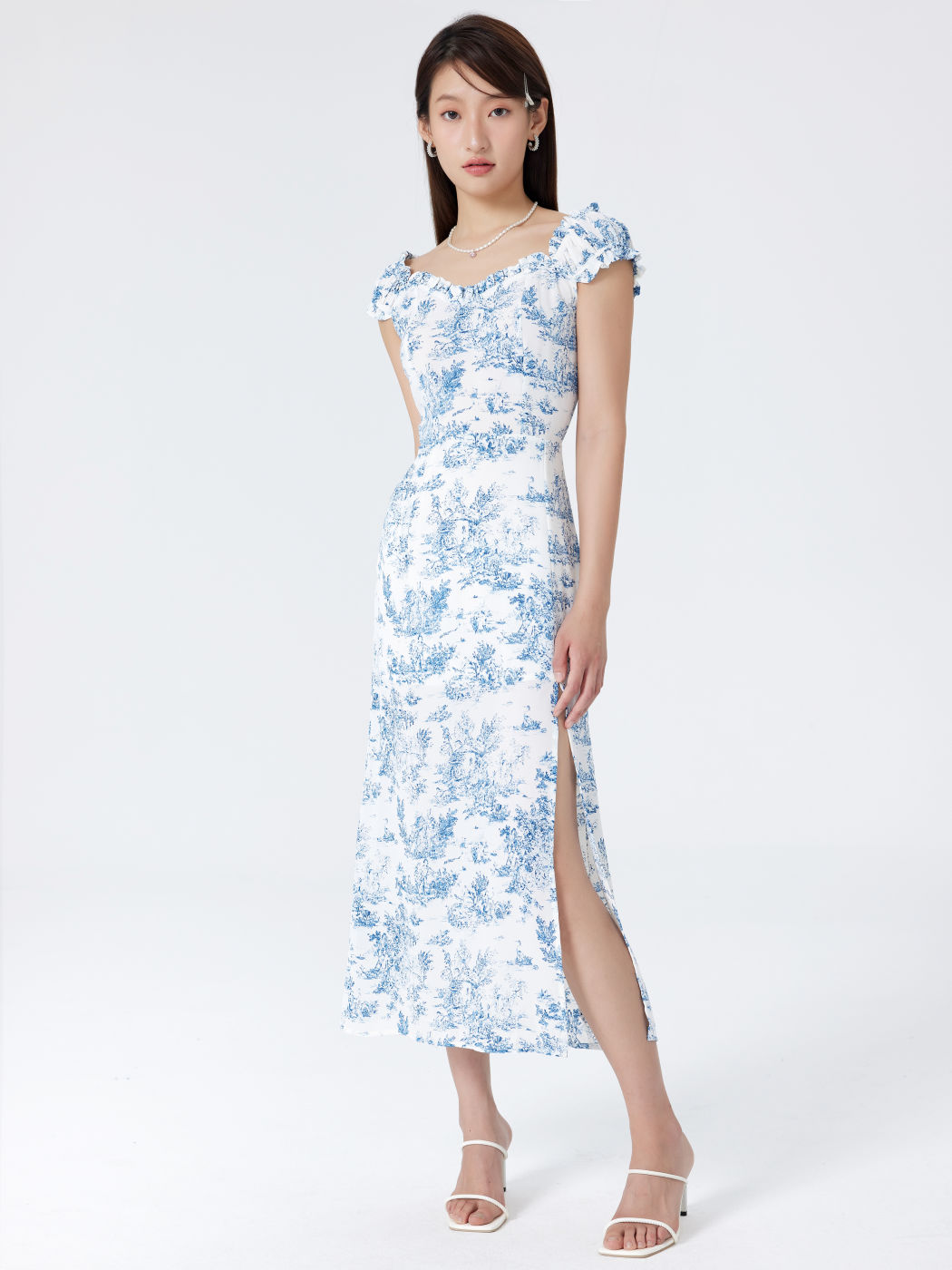 Vestido Midi con Abertura y Volantes Toile de Jouy