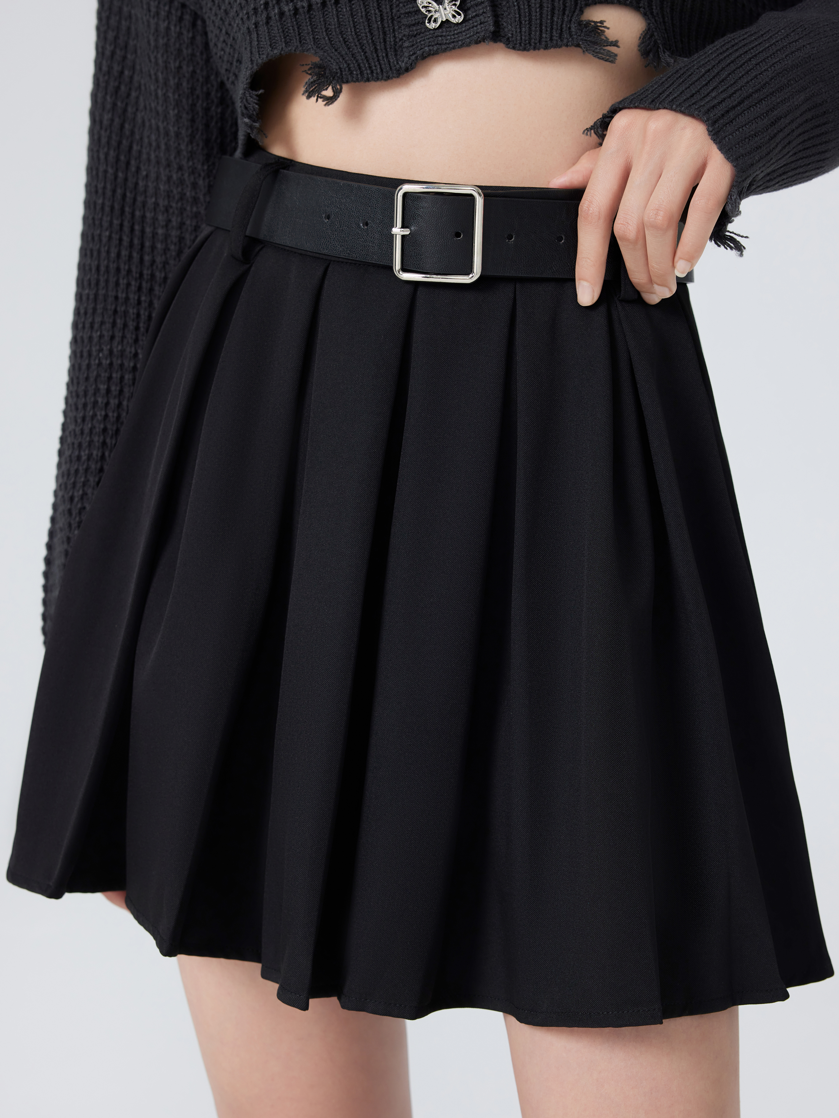【INCHANT ME】[Belt set] Half Pleated Mini Skirt LiiYii Womens Sexy Pleated Mini Skirt with Belt A-Line Y2k