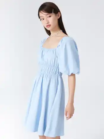Solid Puff Sleeve Mini Dress