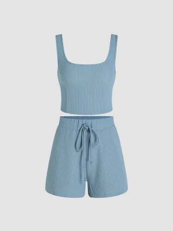  U-Ausschnitt Crop Tank Top & Geknotete Weite Shorts Set