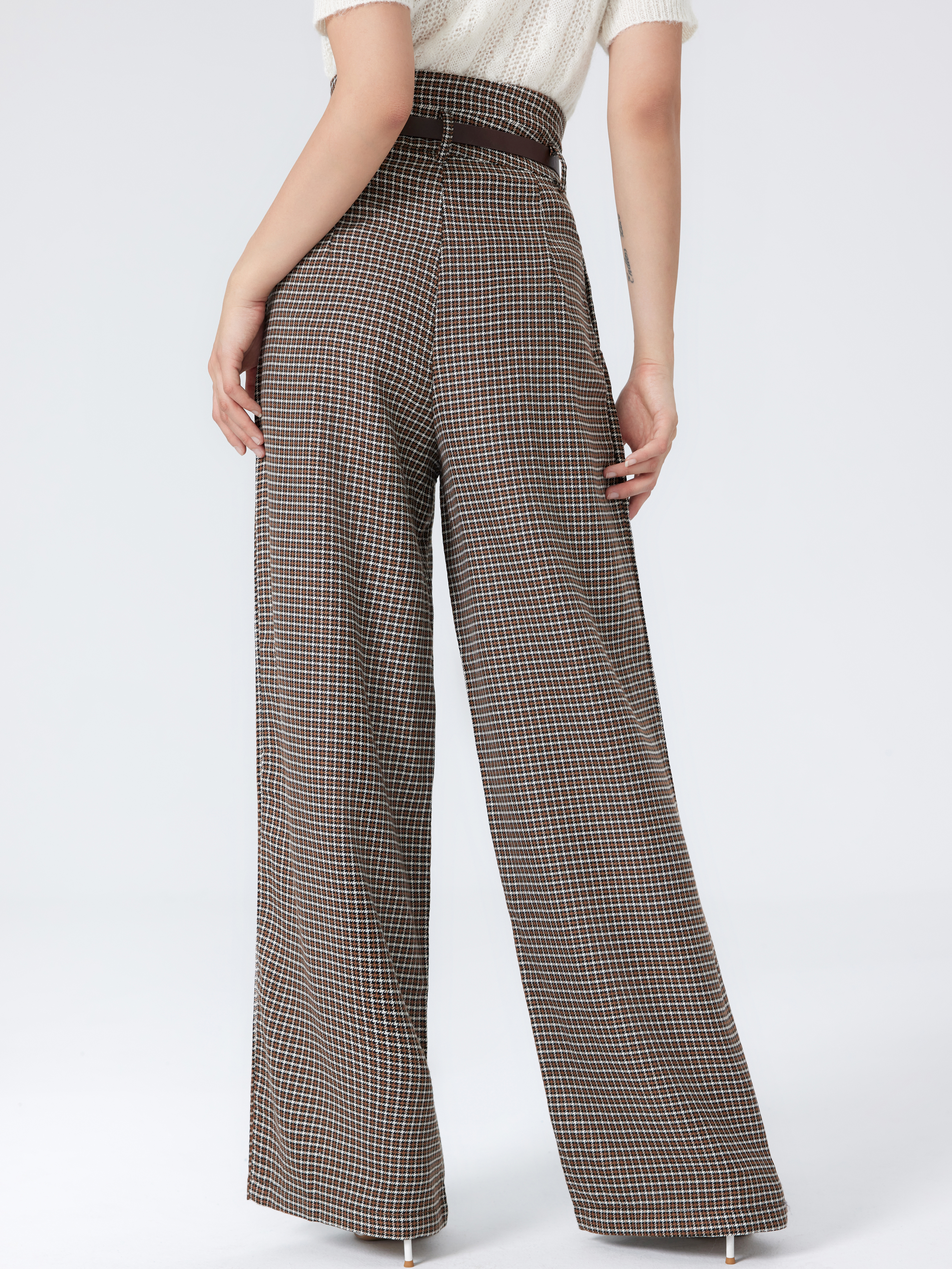 Preppy Woven Houndstooth High Waist Wide Leg Trousers With
