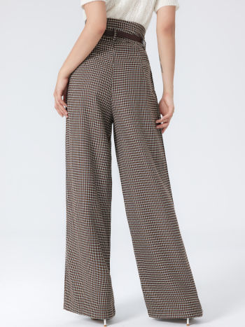 Houndstooth High Waist Belted Wide Leg Trousers - Cider