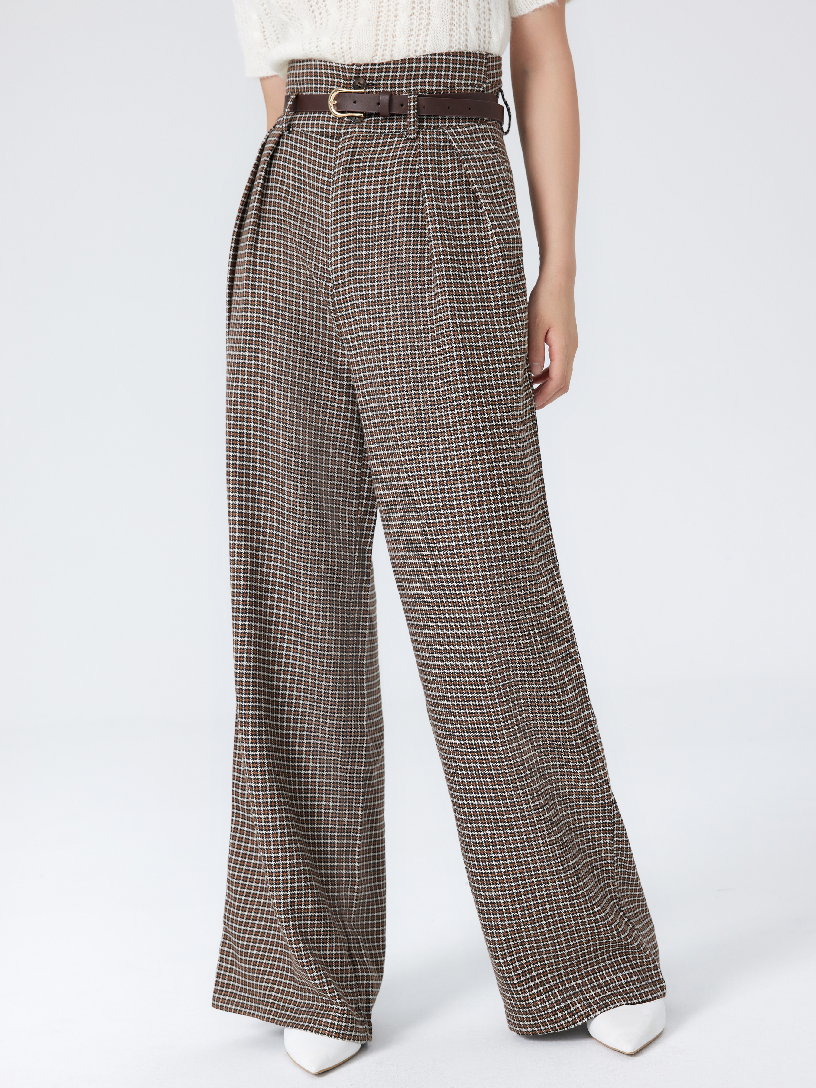 Preppy Woven Houndstooth High Waist Wide Leg Trousers With