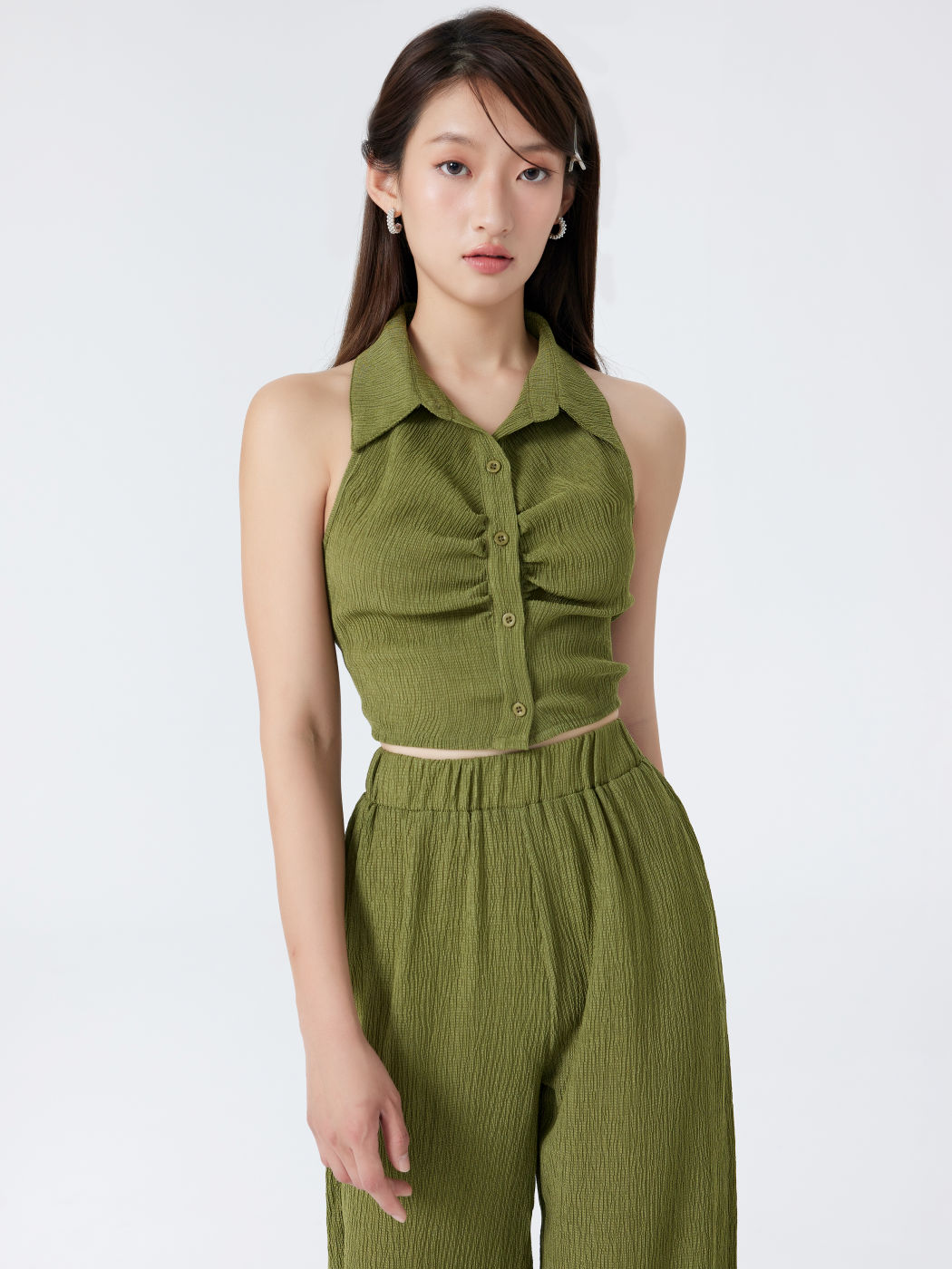 Solid Texture Collar Crop Top