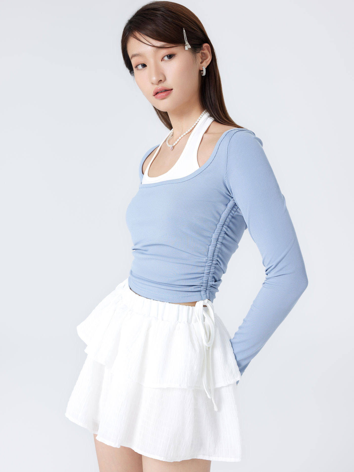 Scoop Neckline Drawstring Long Sleeve Crop Top