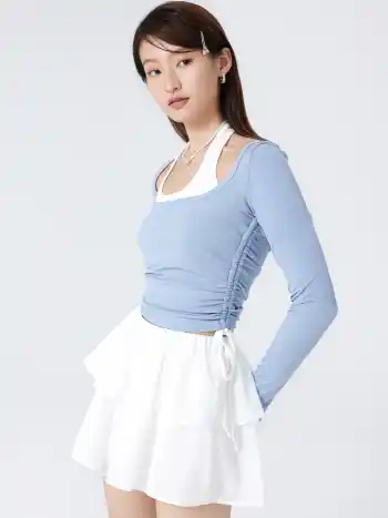 Scoop Neckline Drawstring Long Sleeve Crop Top