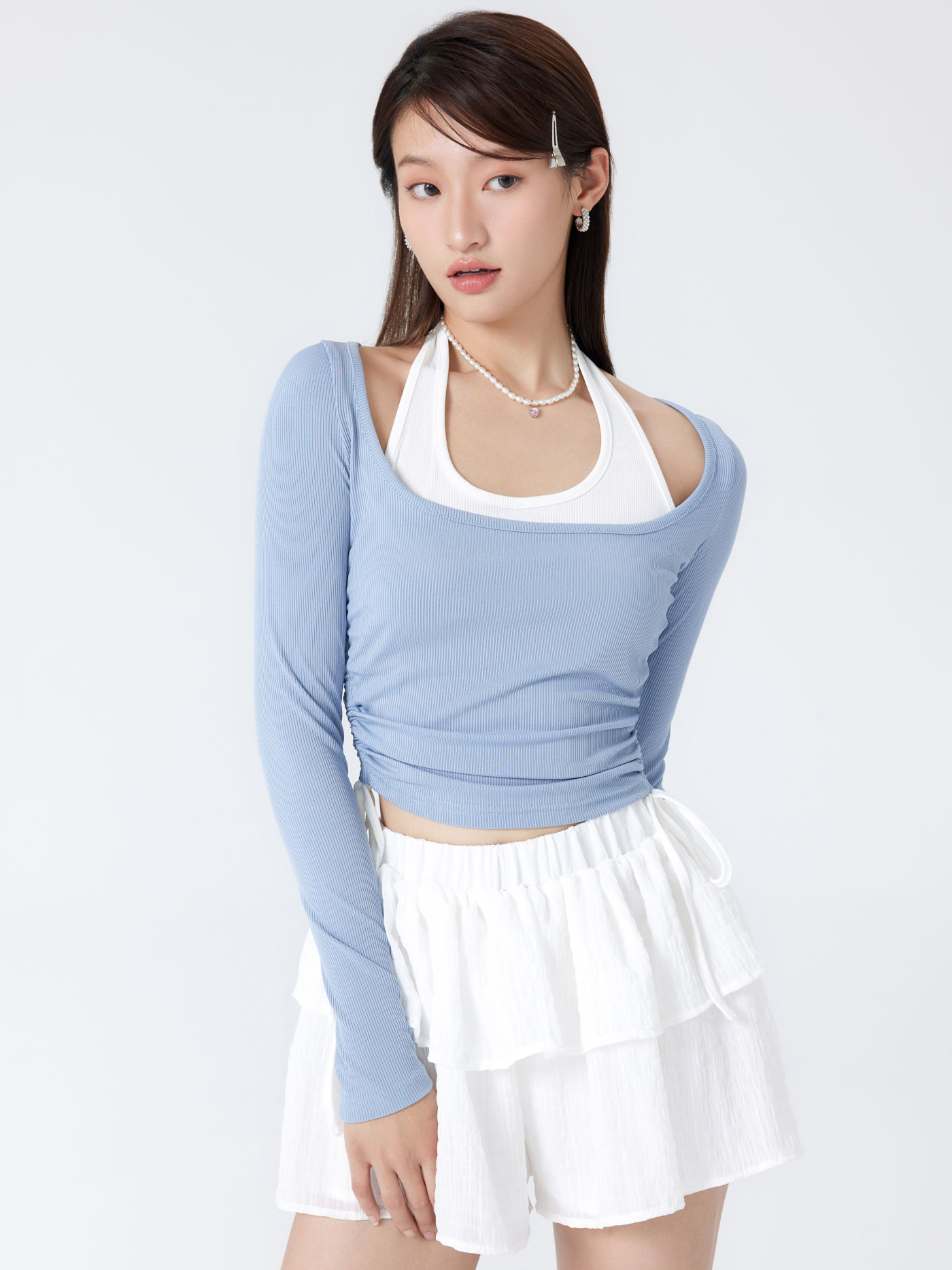 Scoop Neckline Drawstring Long Sleeve Crop Top