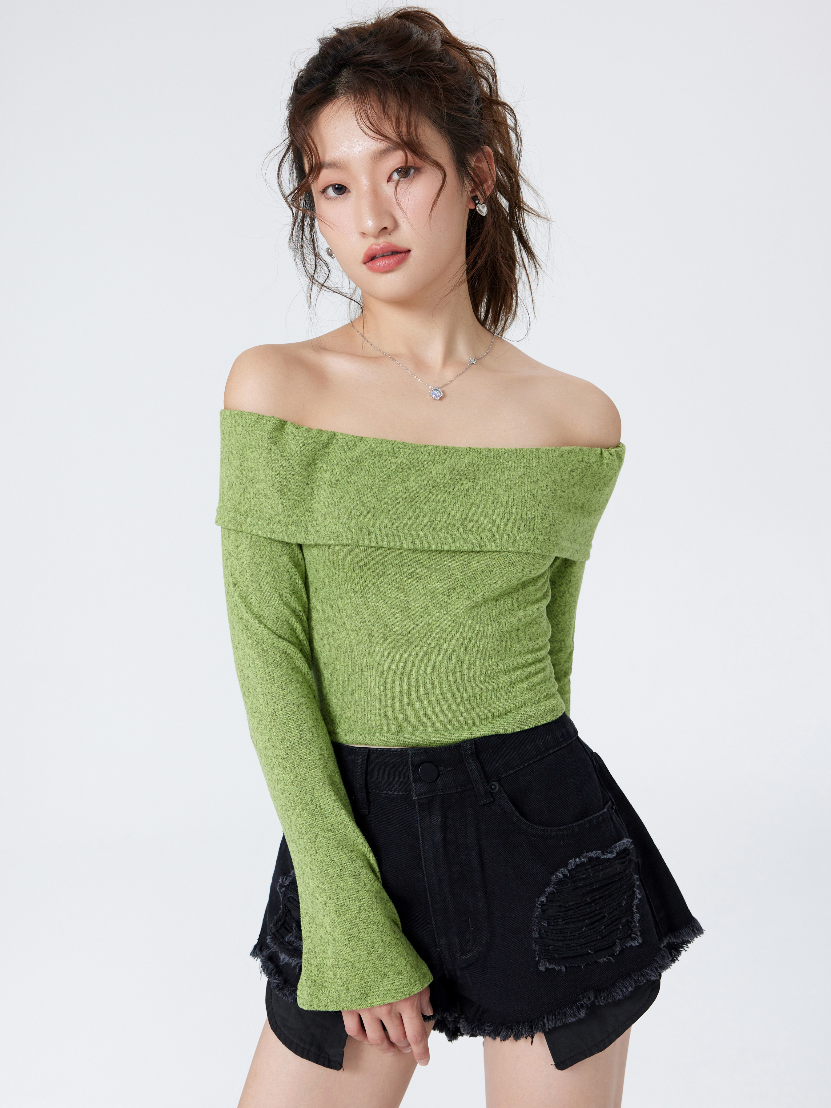 Knit Fabric Solid Off Shoulder Crop Top For Daily Casual