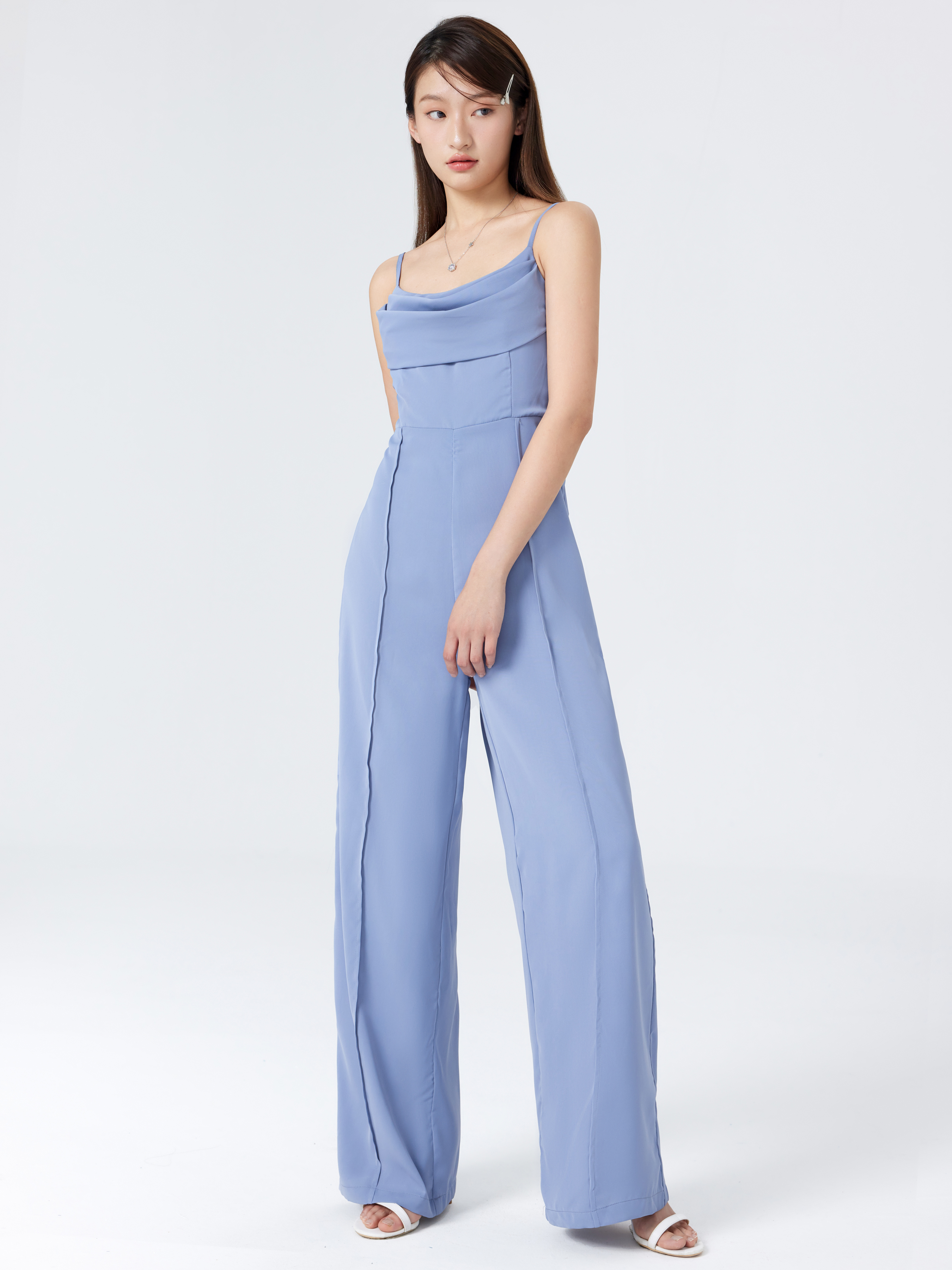 Woven Solid Cowl Neck Stitch Jumpsuit For Daily Casual