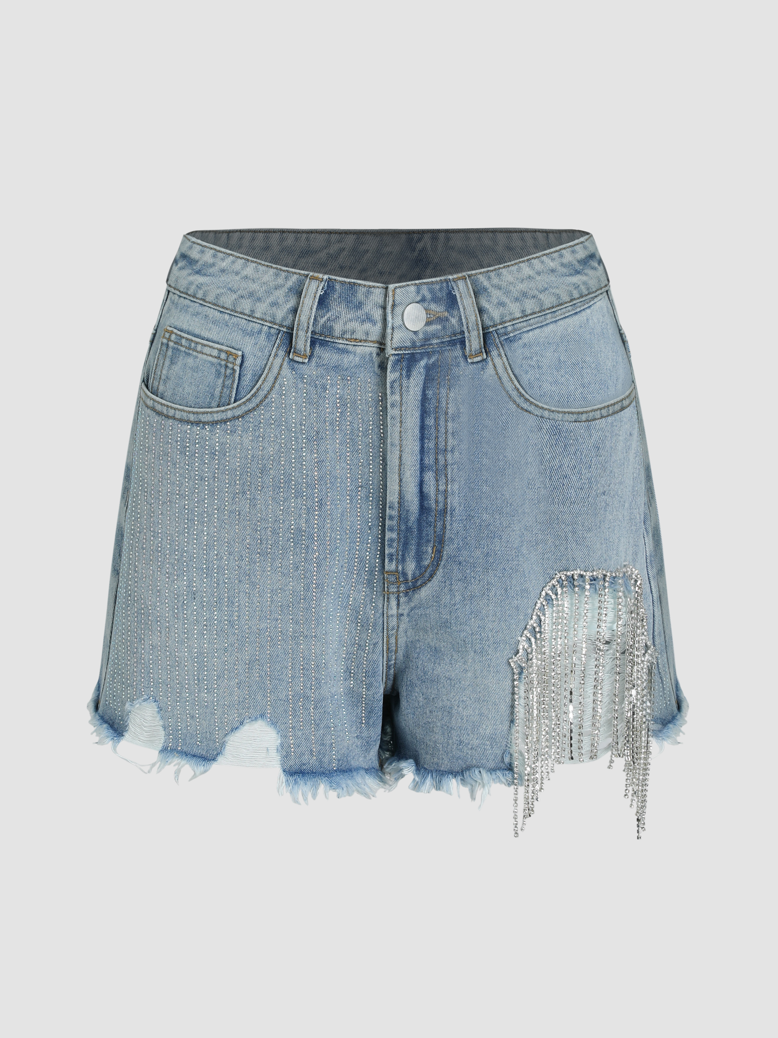 Denim Diamond Tassels Ripped Denim Shorts For School Daily Casual