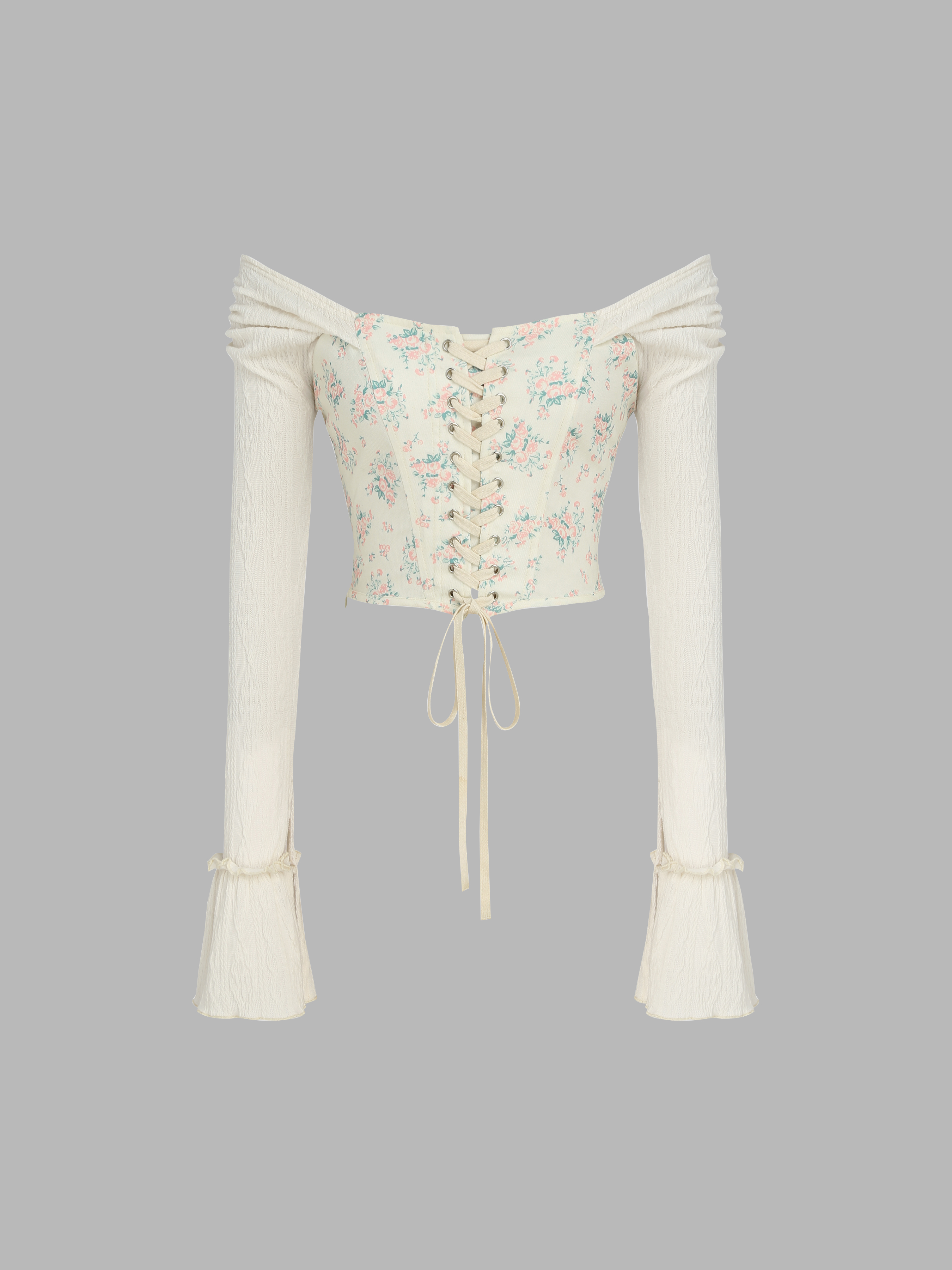 Woven Floral Off-shoulder Lace Up Top For Daily Casual Vacation