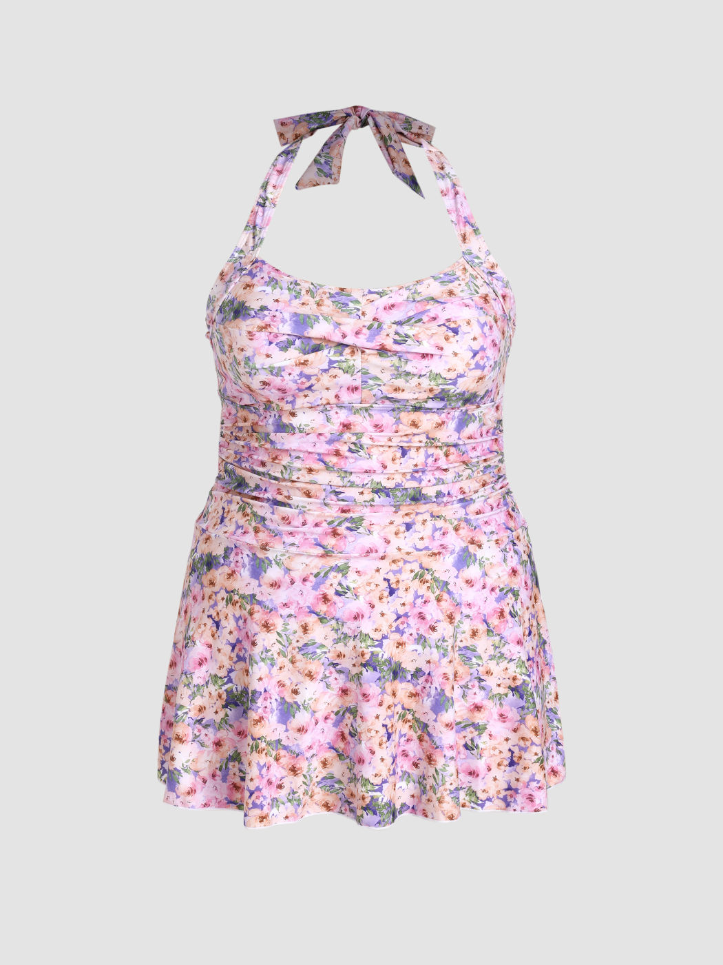 Floral Ruched Halter Swim Dress With Bikini Bottom Curve & Plus For