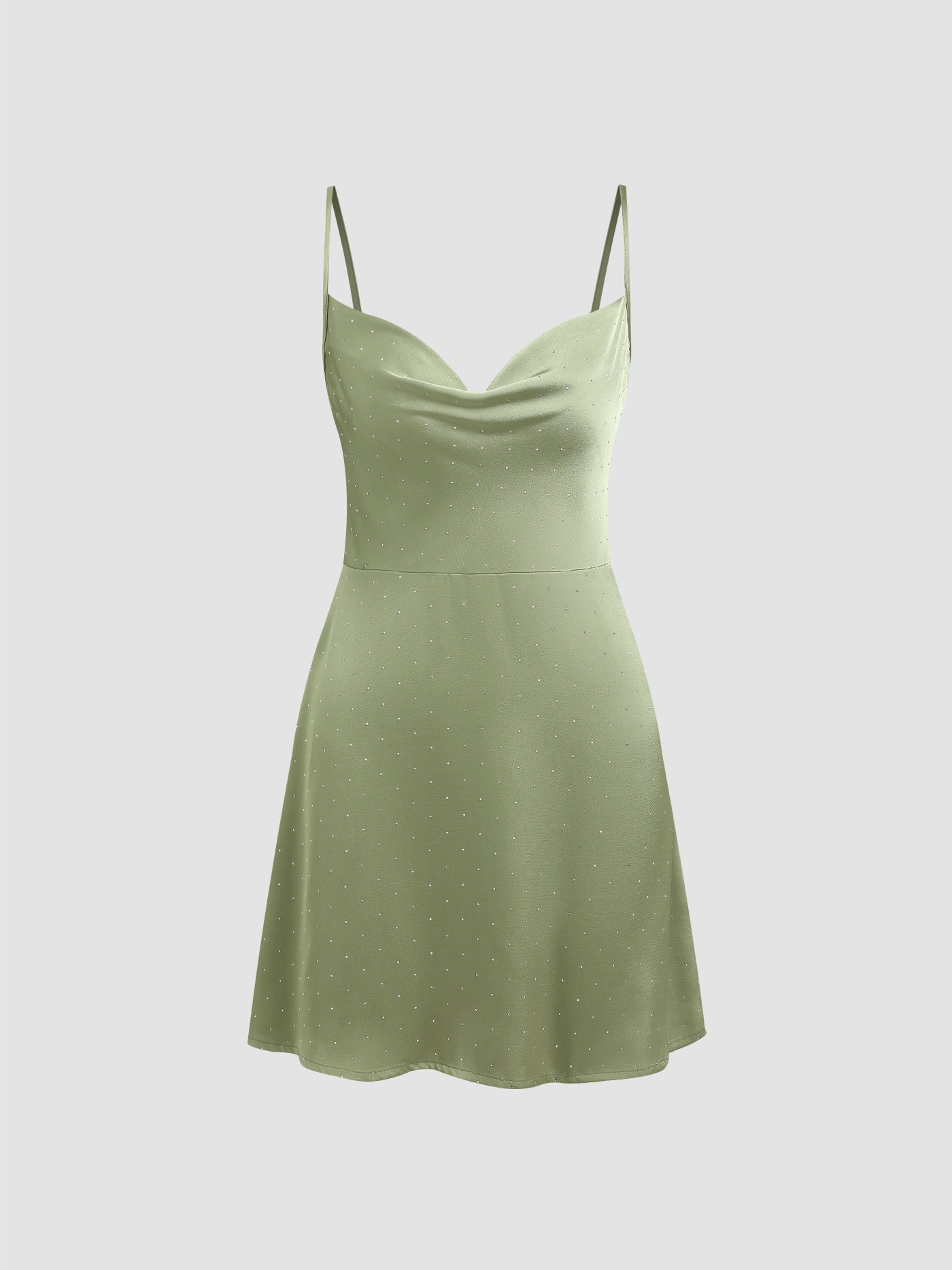 Satin Rhinestone Cowl Neck Mini Dress