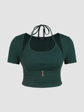 Jersey Rib Buckle Crop Halter Top Curve & Plus