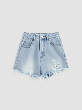 Shorts en denim délavé déchiré taille haute