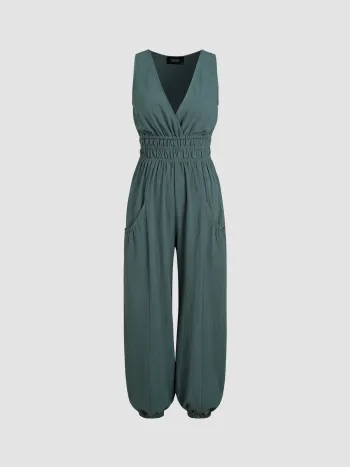 V-Ausschnitt Geraffter Taschen Jogger Overall