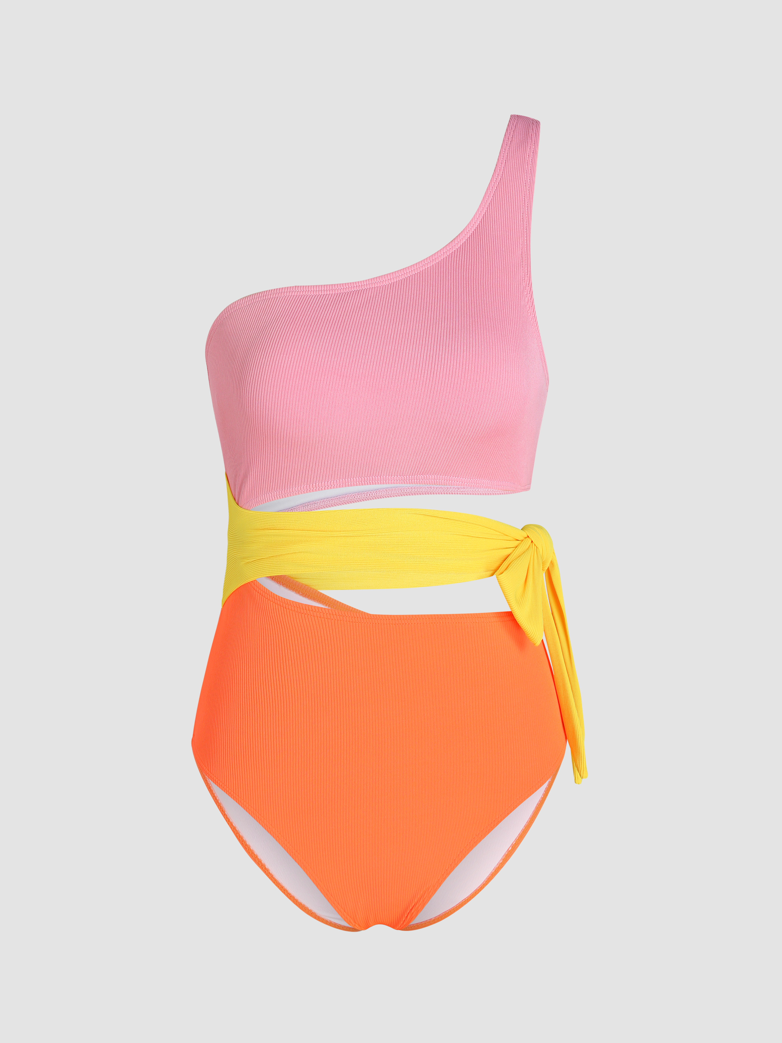 Rib Asymmetrical Neck Cut Out Color One Piece Swimsuit Cider 