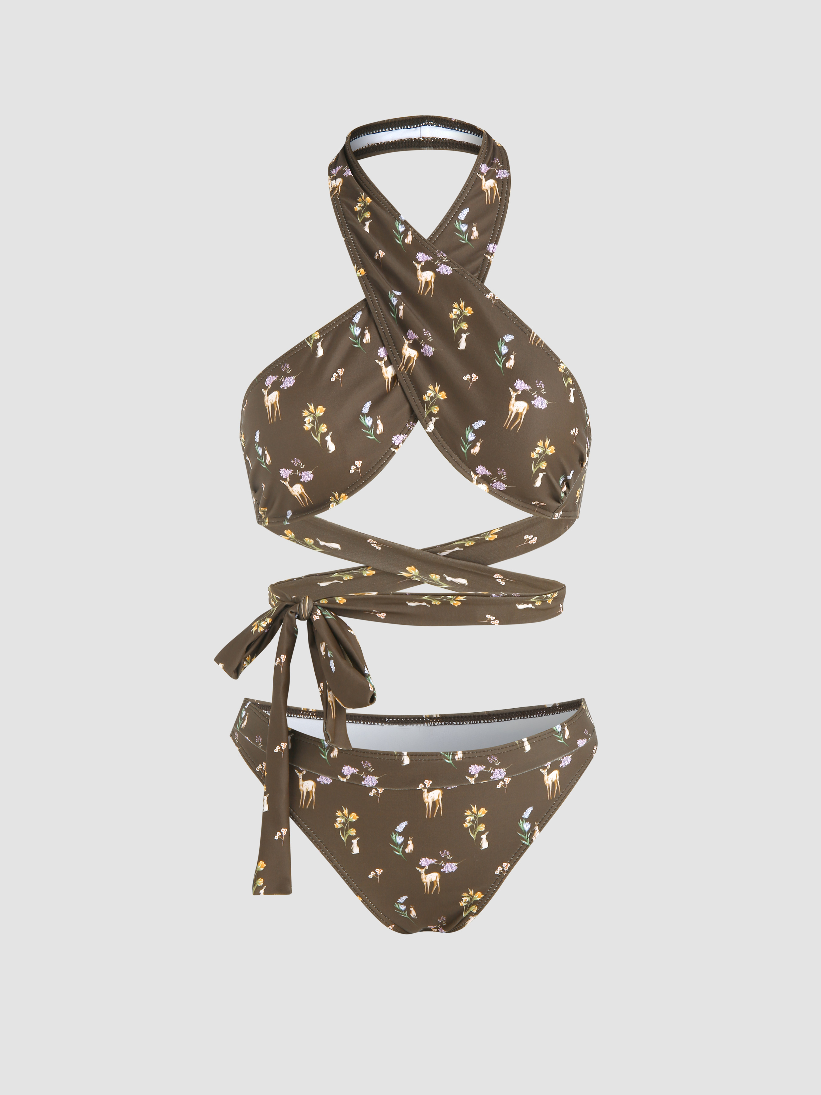 Floral & Deer Print Criss Cross Halter Bikini Swimsuit Cider