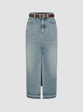 Split Denim Maxi Skirt With Belt