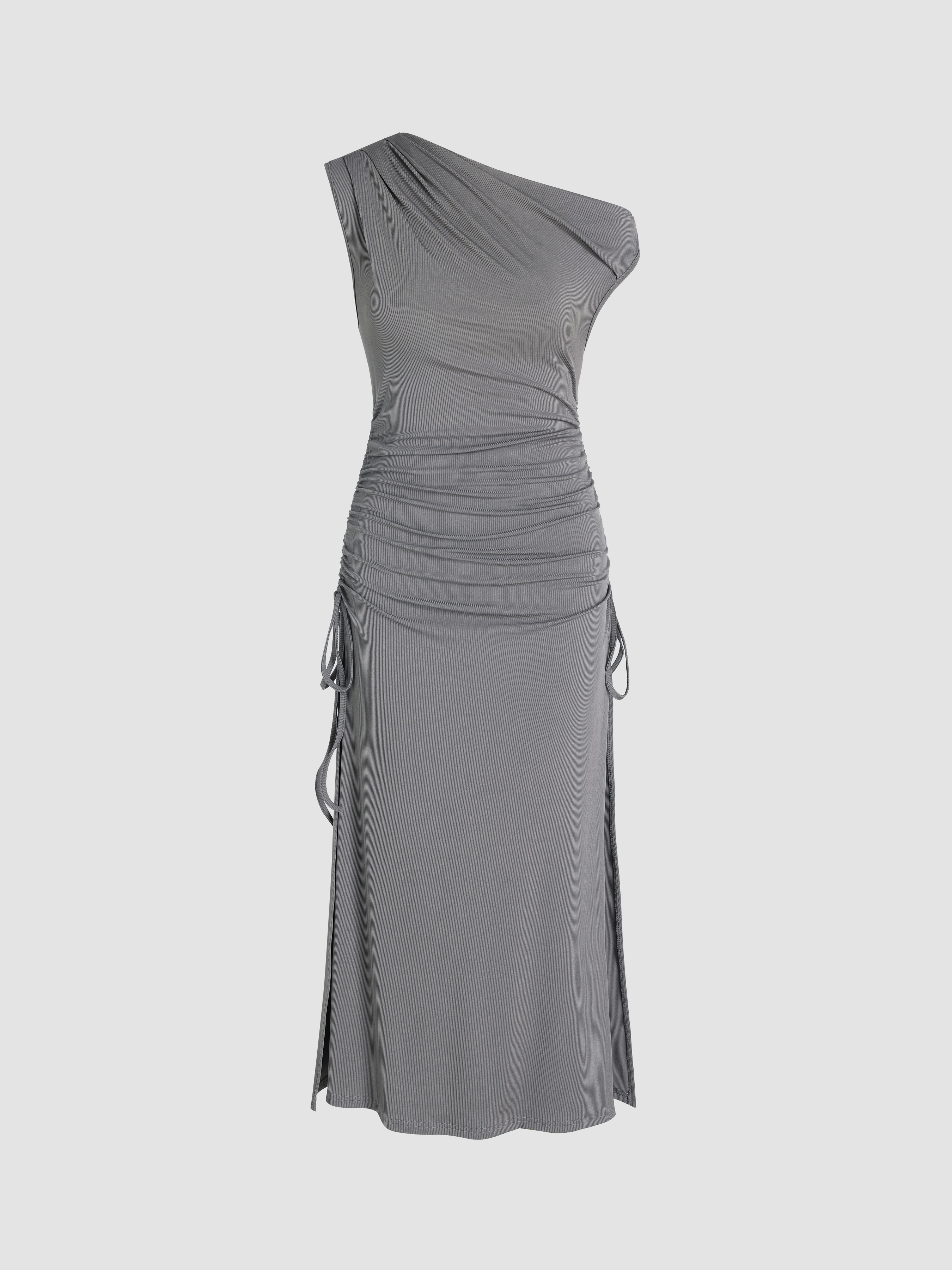 Asymmetrical Drawstring Ruched Split Maxi Dress - Cider