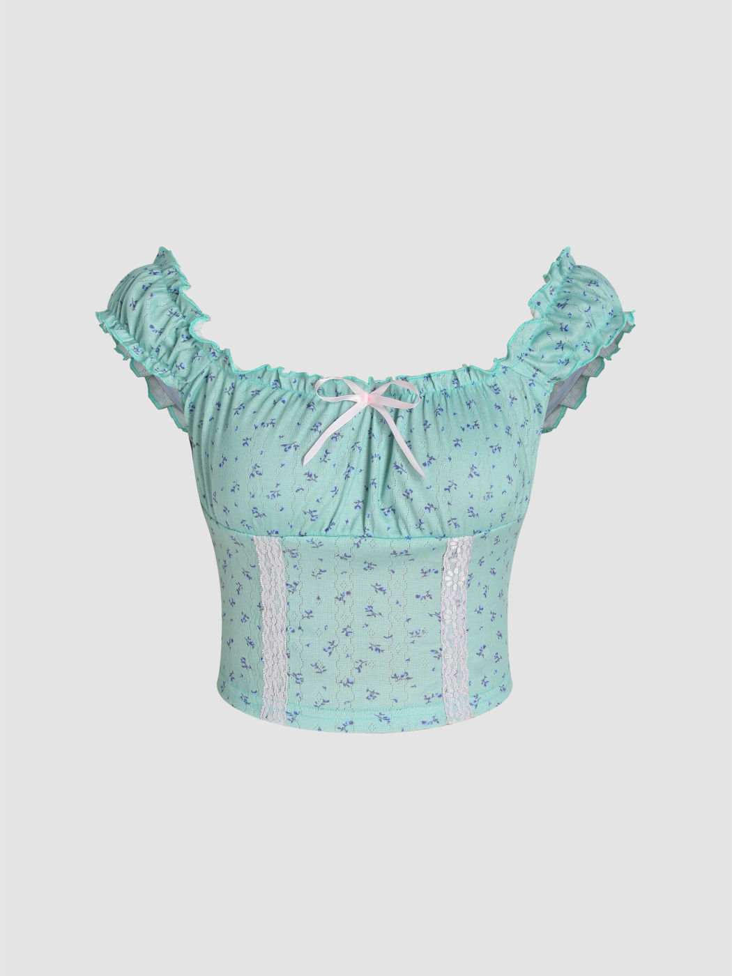 Geblümtes, schulterfreies Spitzen-Crop-Top