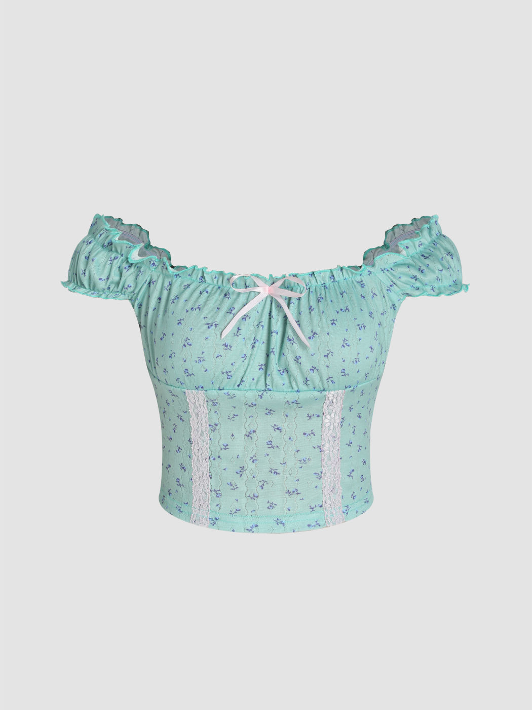 Geblümtes, schulterfreies Spitzen-Crop-Top