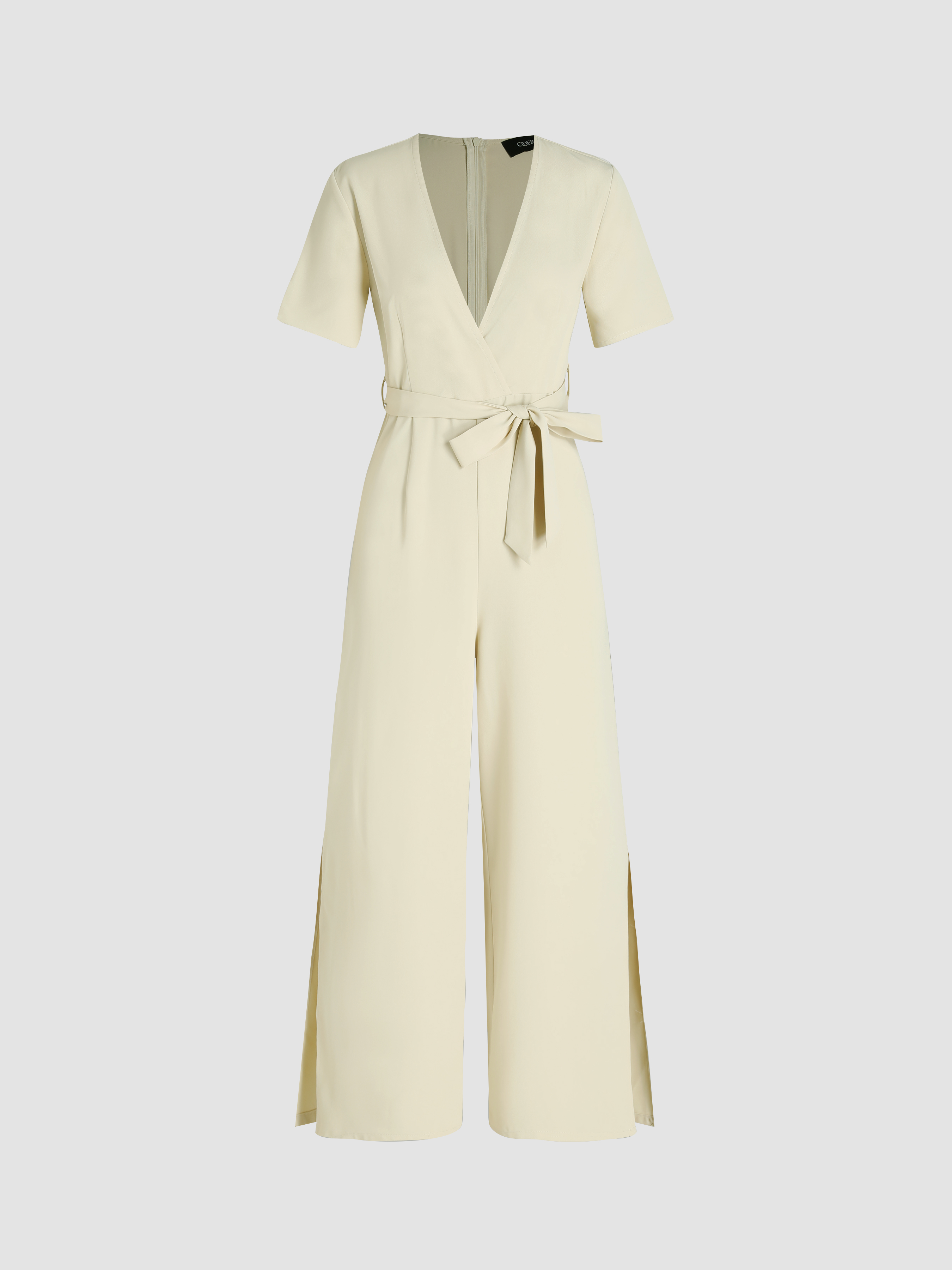 Woven Solid Vneck Knotted Jumpsuit For Work