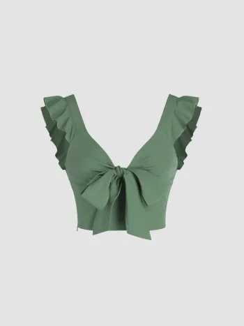 Festes geknotetes Crop-Top mit V-Ausschnitt und Rüschen