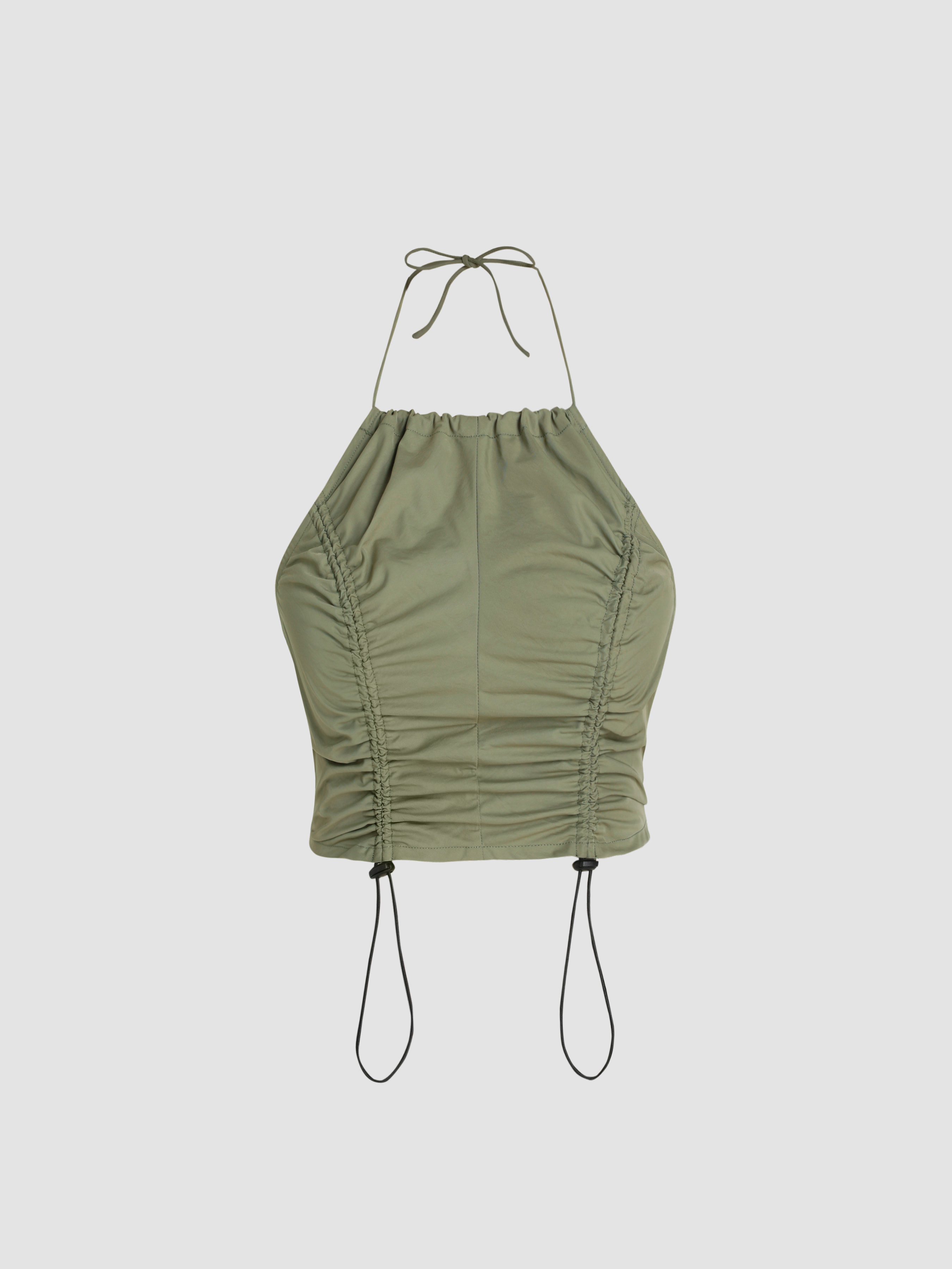 Drawstring Zip Up Halter Crop Top For Daily Casual