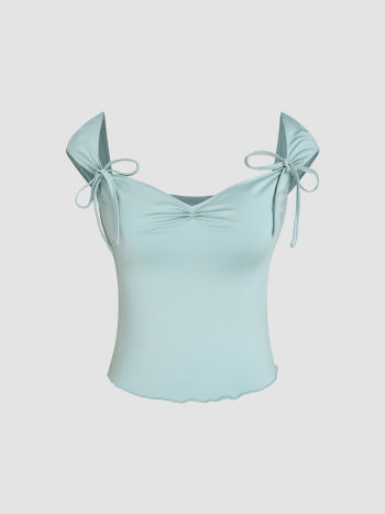 Ruched Lettuce Trim Bowknot Crop Cami Top