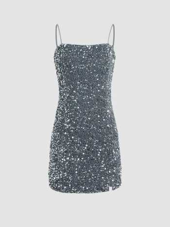 Pailletten-Cami-Split Kurzes Kleid