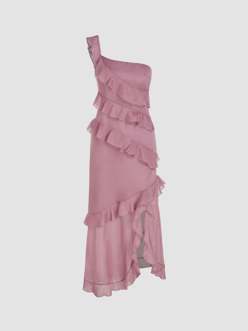 Asymmetrical Neck Ruffle Hem Split Maxi Dress