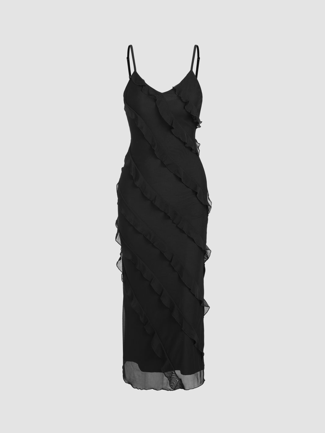 Mesh V-neck Ruffle Hem Maxi Dress