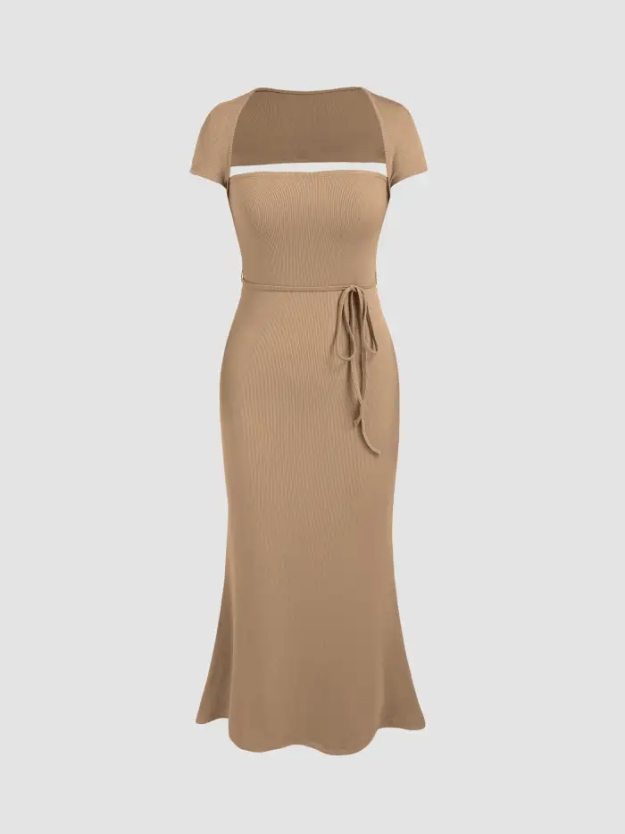 Knit Fabric Knotted Square Neck Mermaid Maxi Dress For Daily Casual